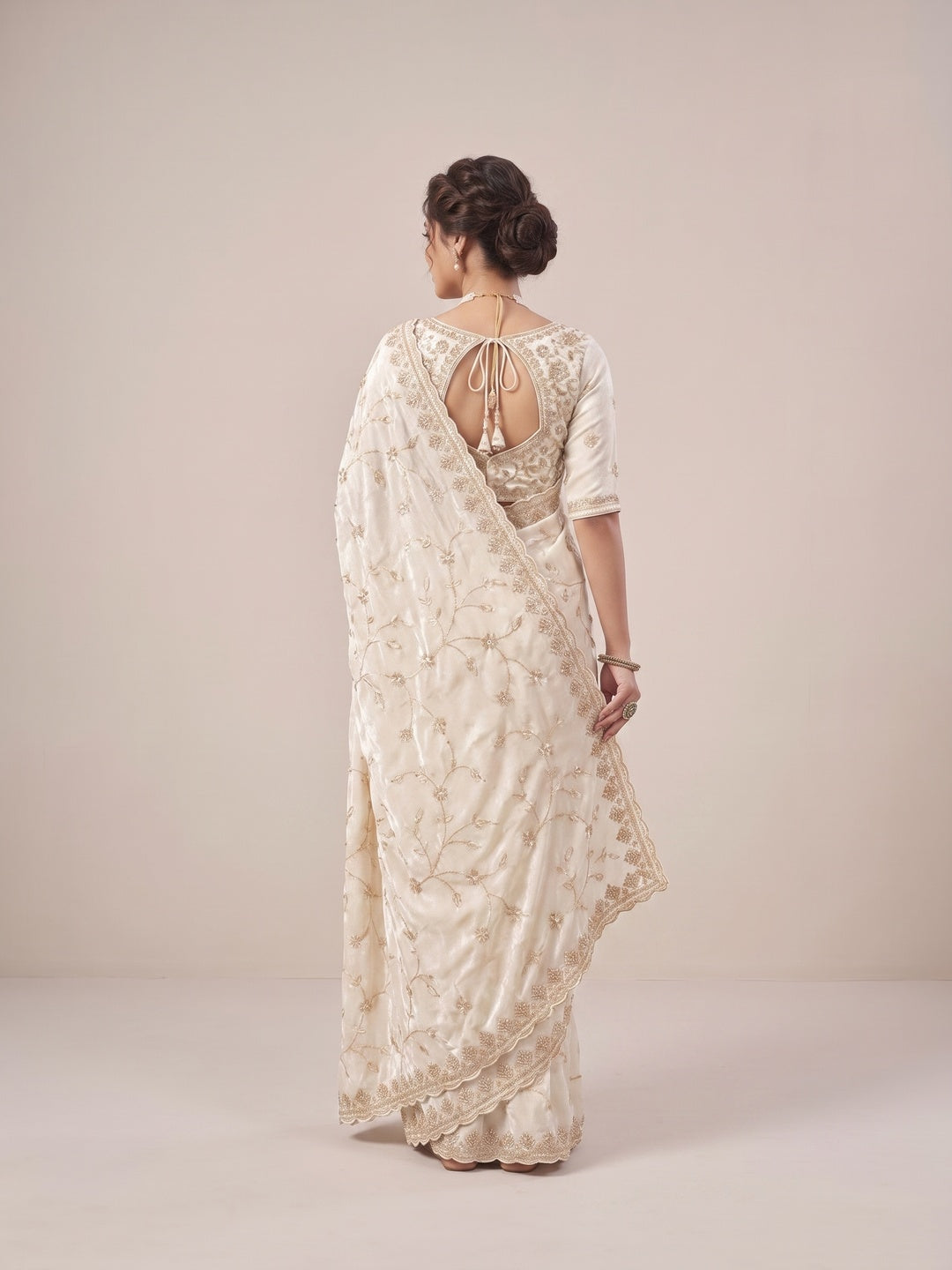 Peachmode Cream Satin Saree - Image 5