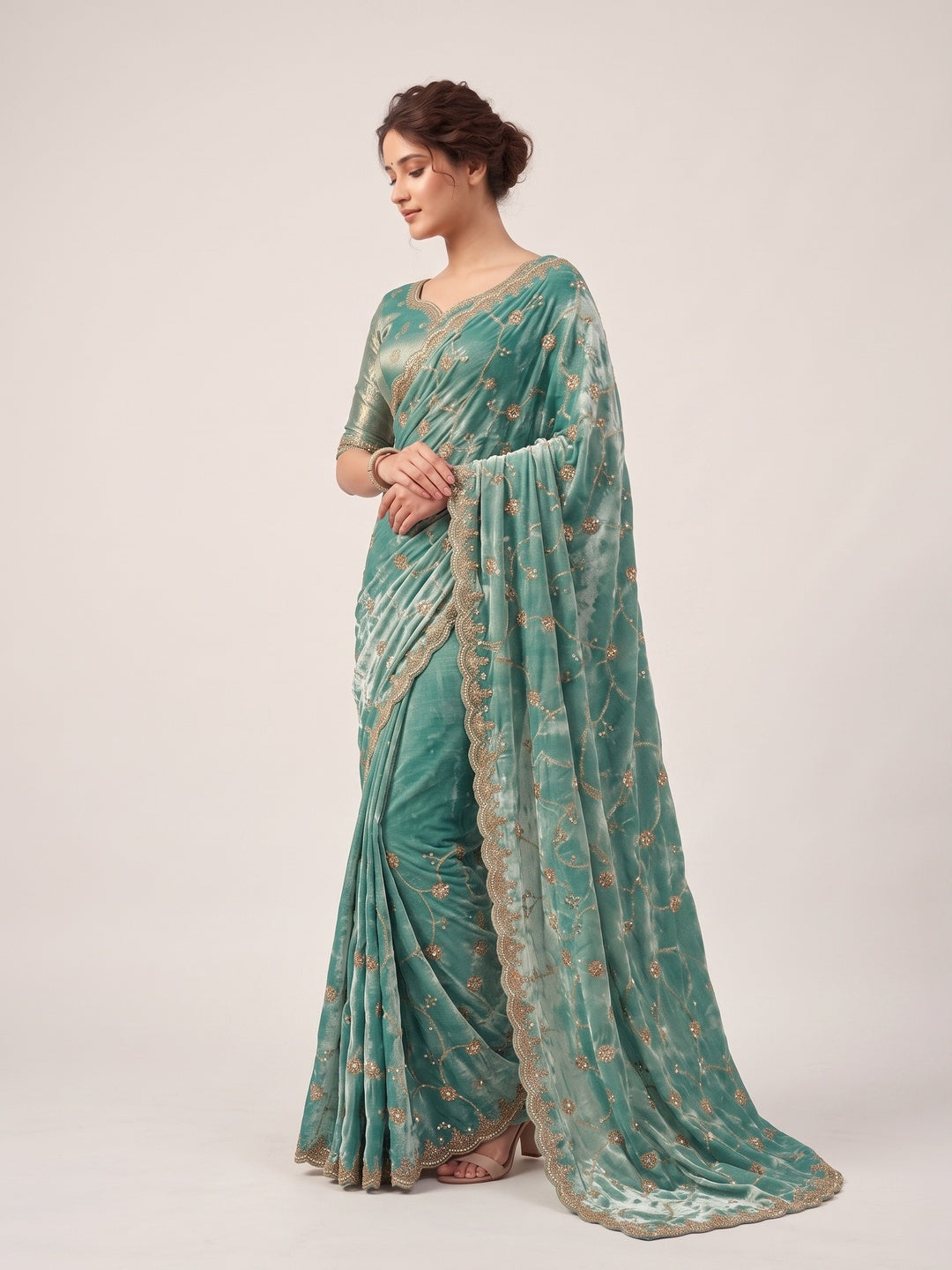 Peachmode Green Satin Saree - Image 3