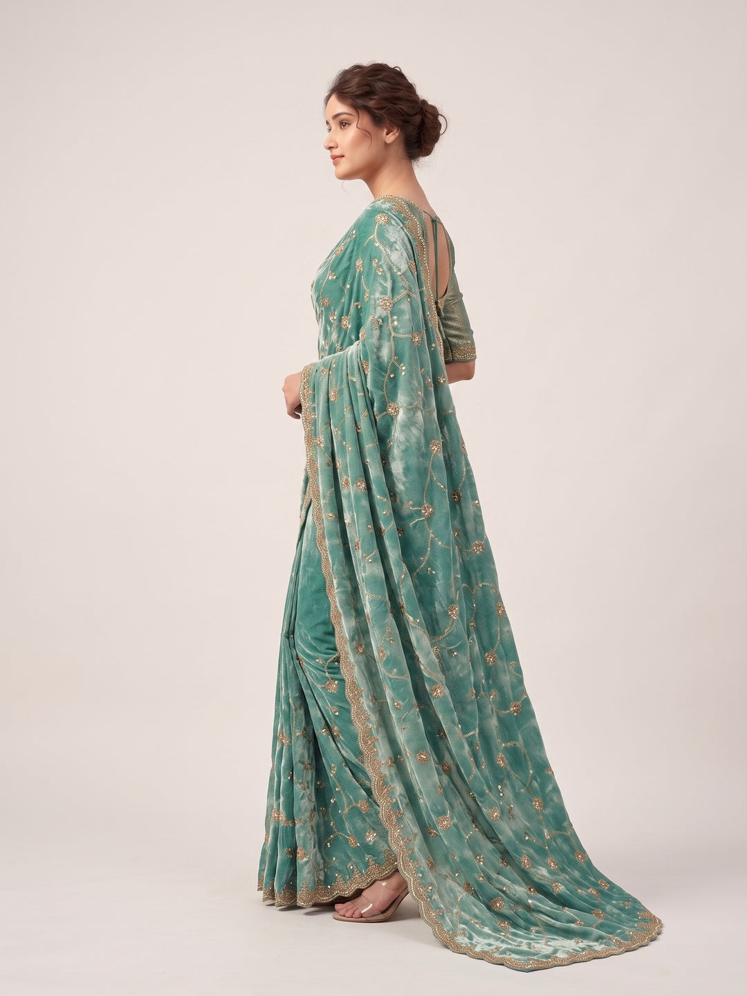 Peachmode Green Satin Saree - Image 4