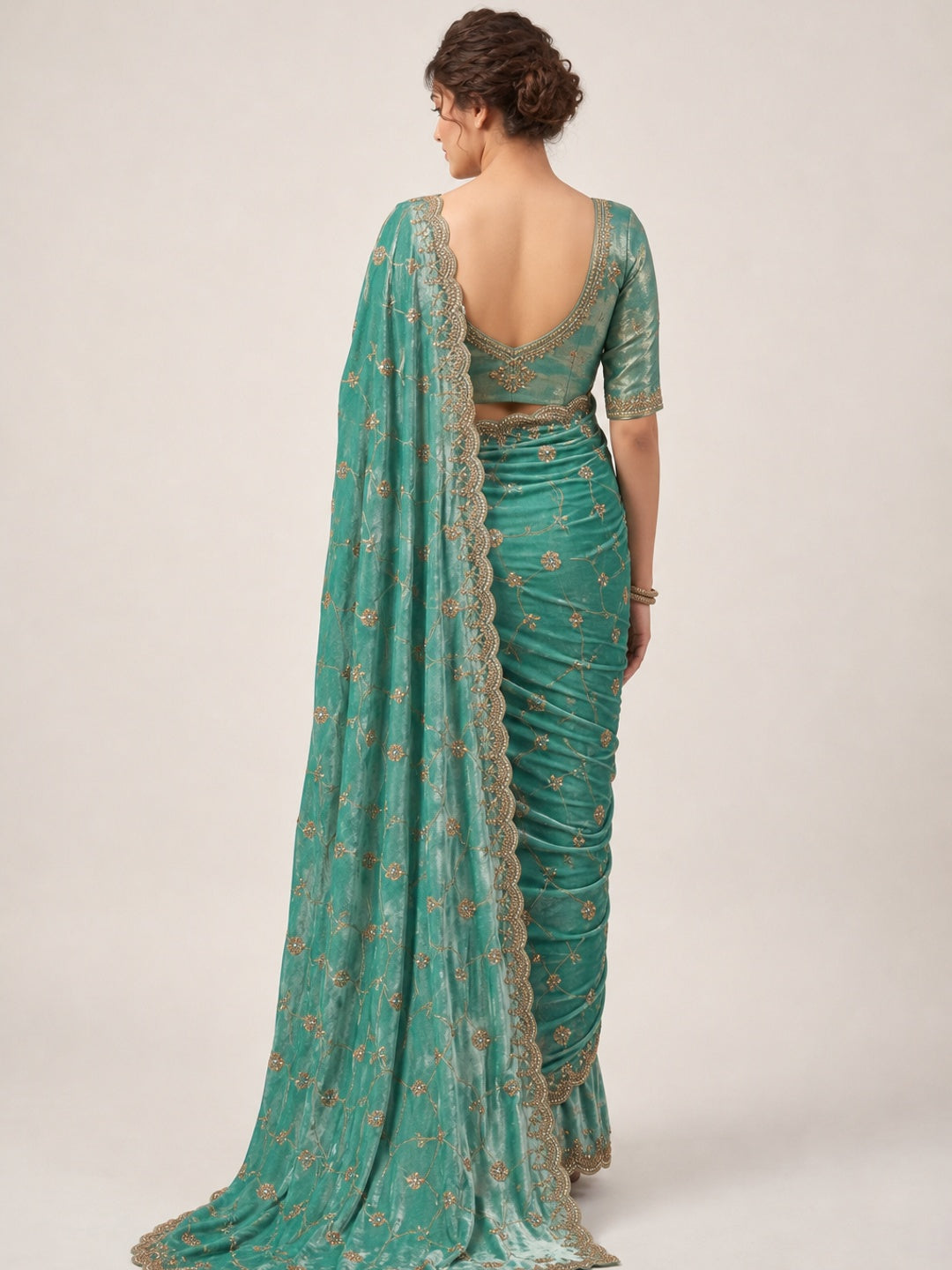 Peachmode Green Satin Saree - Image 5