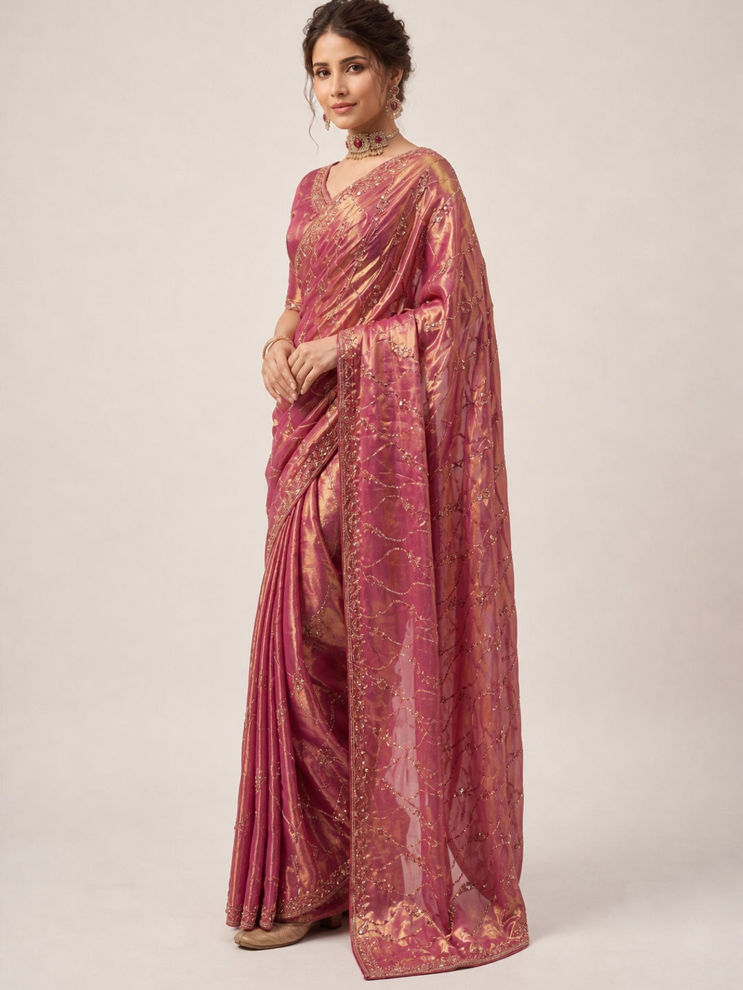 Peachmode Pink Satin Saree - Image 4