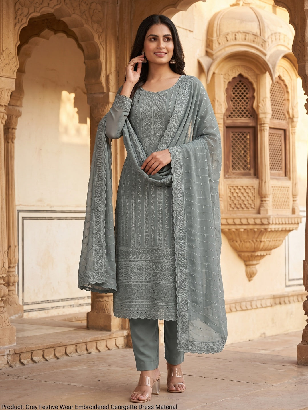 Grey Festive Wear Embroidered Georgette Dress Material - Image 4