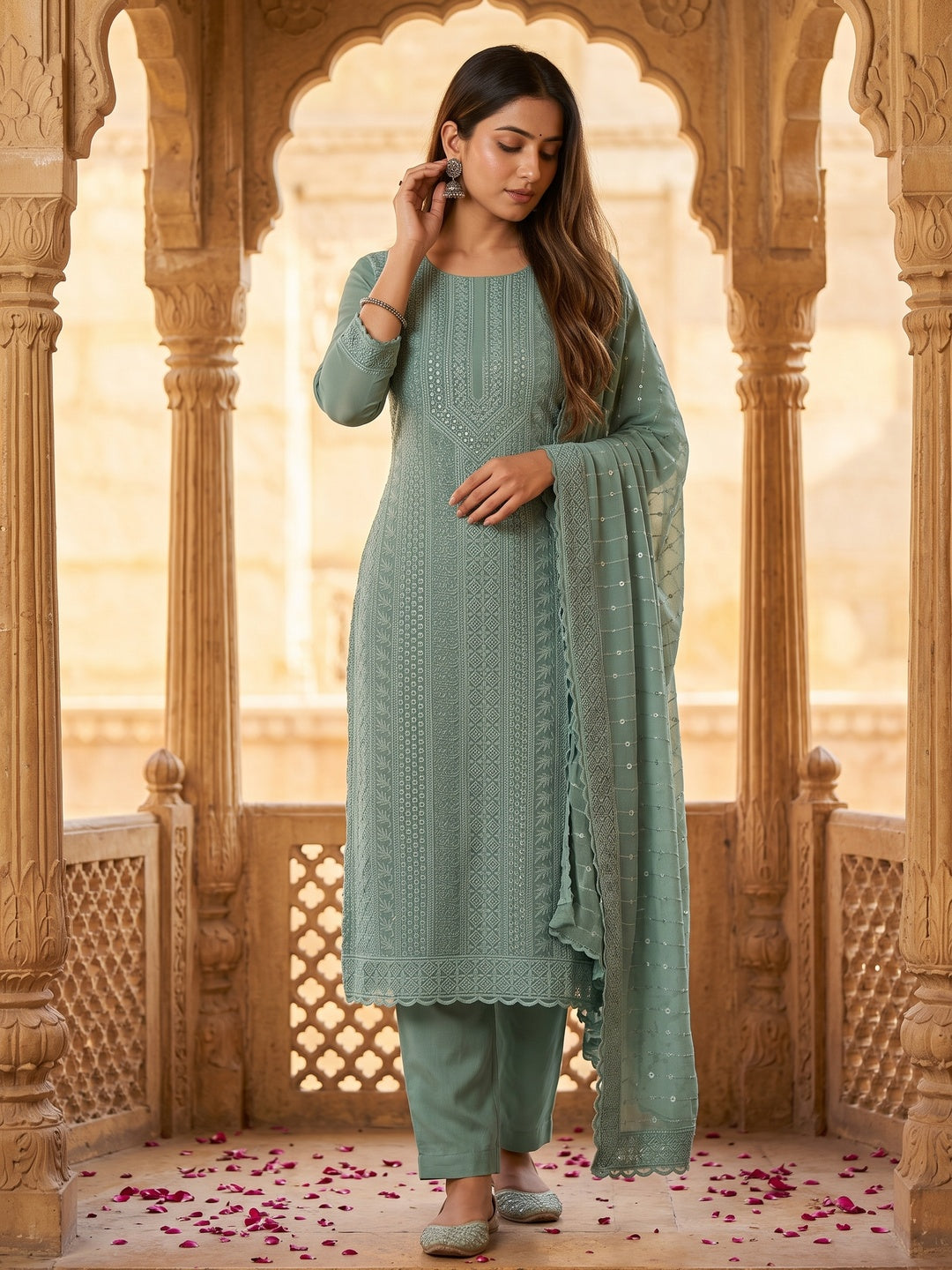 Grey Festive Wear Embroidered Georgette Dress Material - Image 5