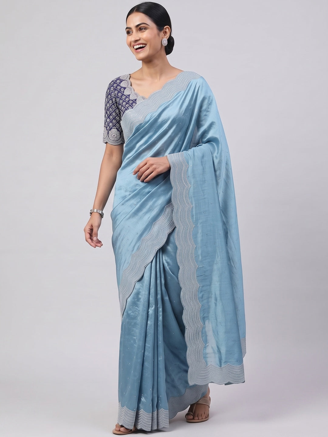 Sky Blue Shimmering Swarovski Embroidered Vichitra Silk Saree - Image 4