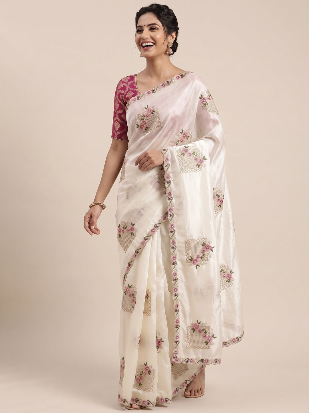 Stunning White Floral Embroidery & Swarovski Adorned Paper Silk Saree with Cutwork Border - Image 5