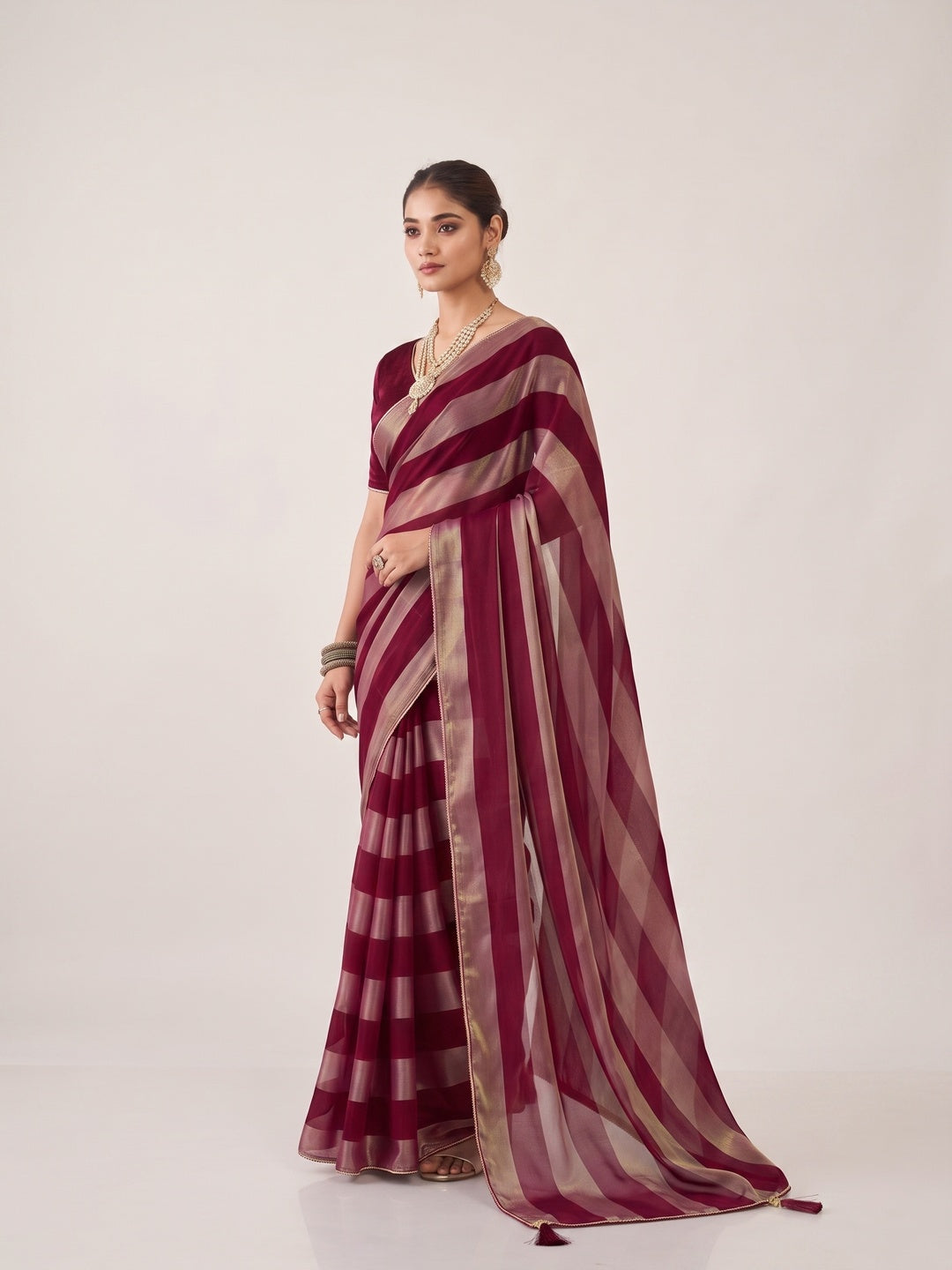 Peachmode Maroon Satin Saree - Image 3