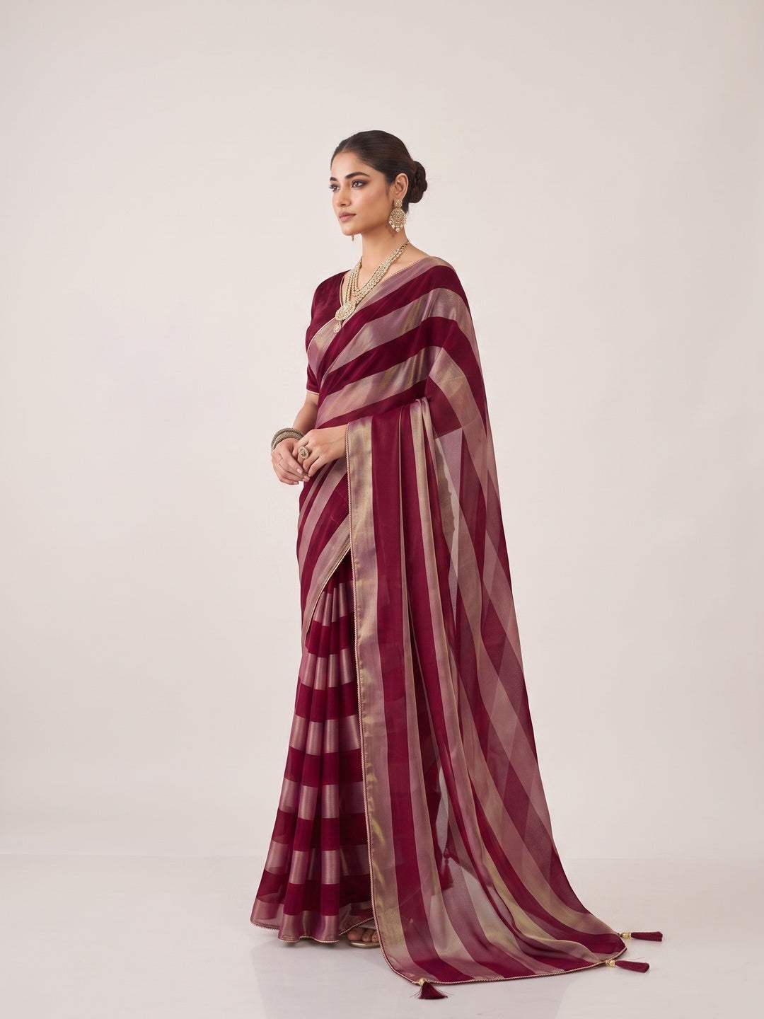 Peachmode Maroon Satin Saree - Image 4