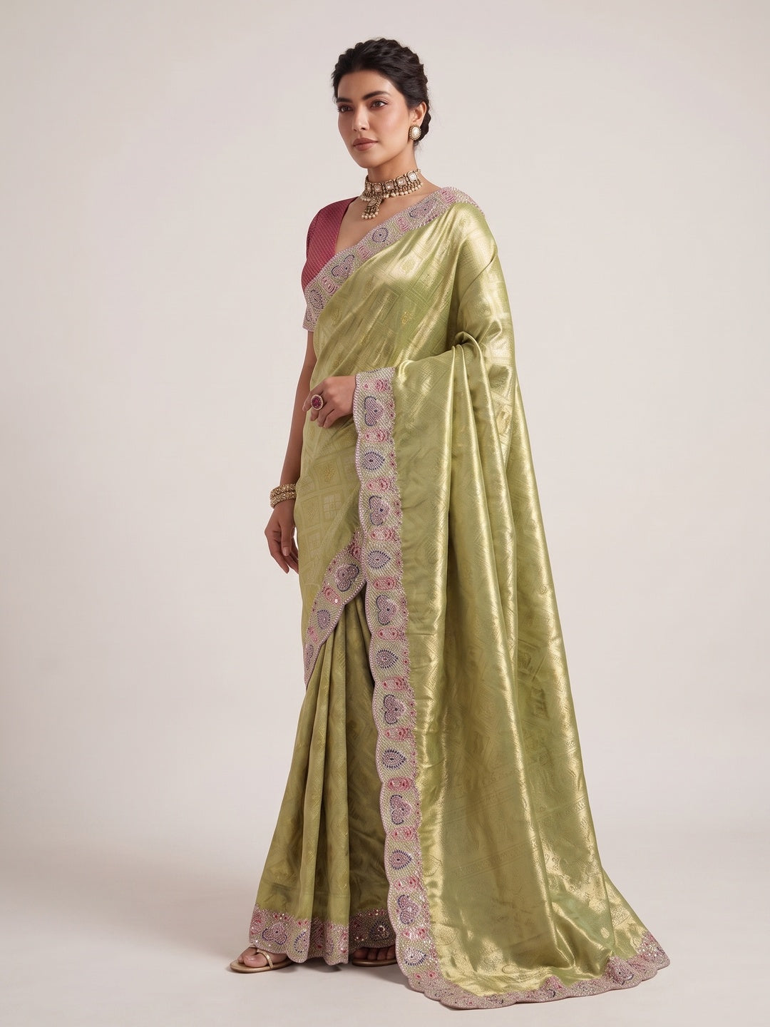 Peachmode Green Silk Blend Saree - Image 3