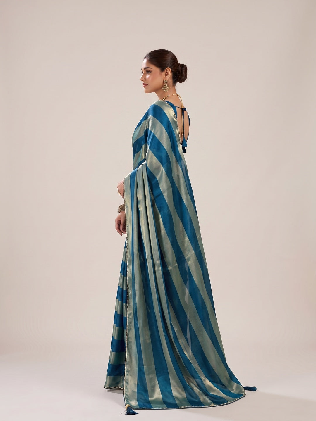 Peachmode Blue Satin Saree - Image 4