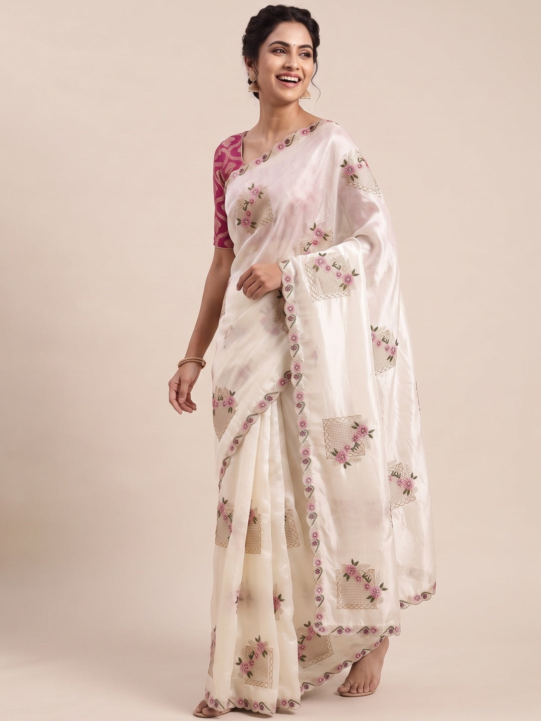 Stunning White Floral Embroidery & Swarovski Adorned Paper Silk Saree with Cutwork Border - Image 4