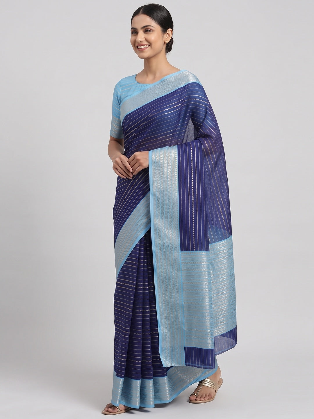 Classic Blue Marshmallow Jacquard Saree Adorned With Refined Striped Zari Weaving Patterns - Image 5
