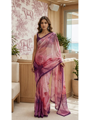 Peachmode Pink Abstract Crepe Silk Saree - Image 1