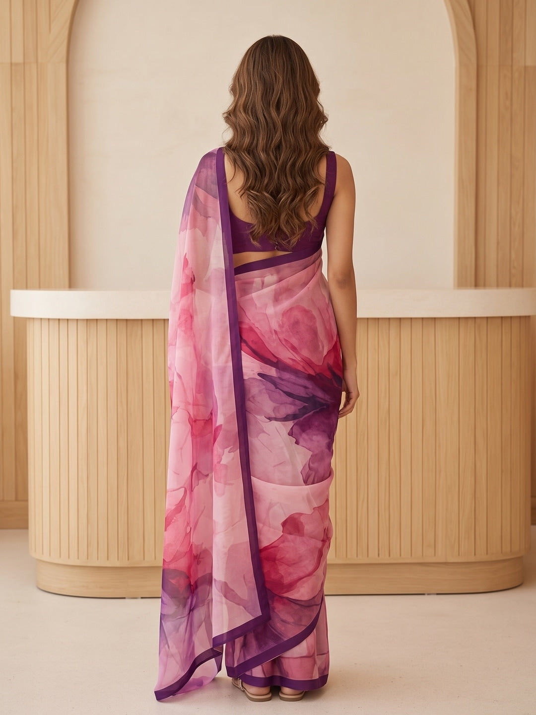 Peachmode Pink Abstract Crepe Silk Saree - Image 5