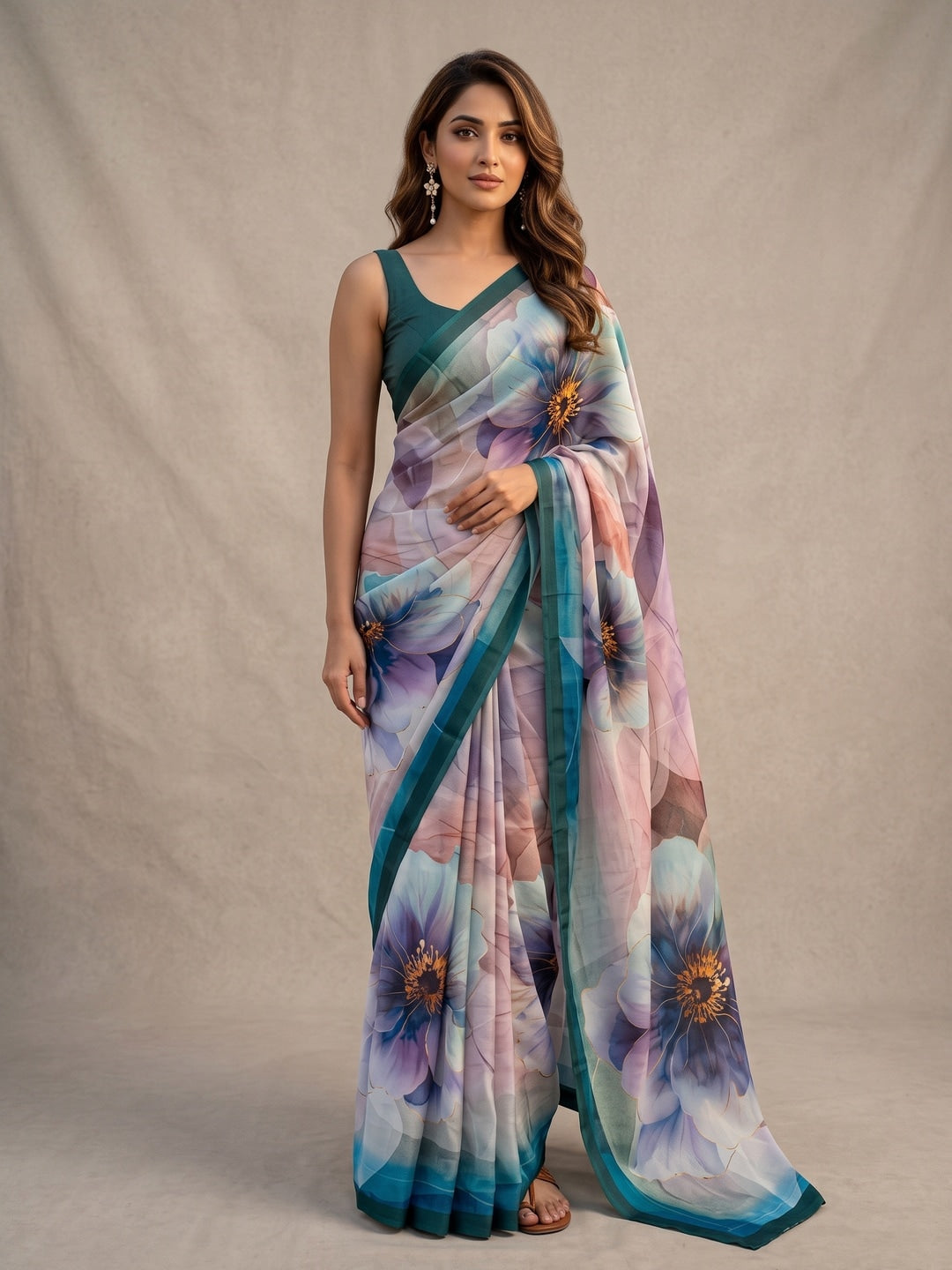 Peachmode Teal Floral Crepe Silk Saree - Image 2