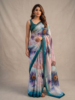 Peachmode Teal Floral Crepe Silk Saree - Image 2