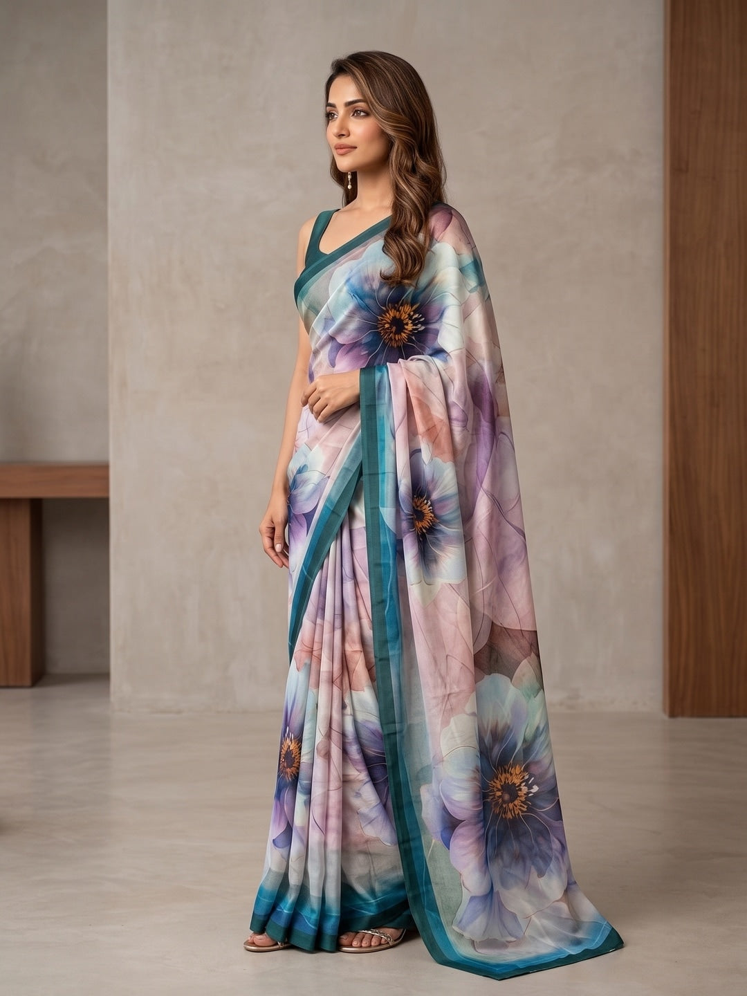 Peachmode Teal Floral Crepe Silk Saree - Image 3