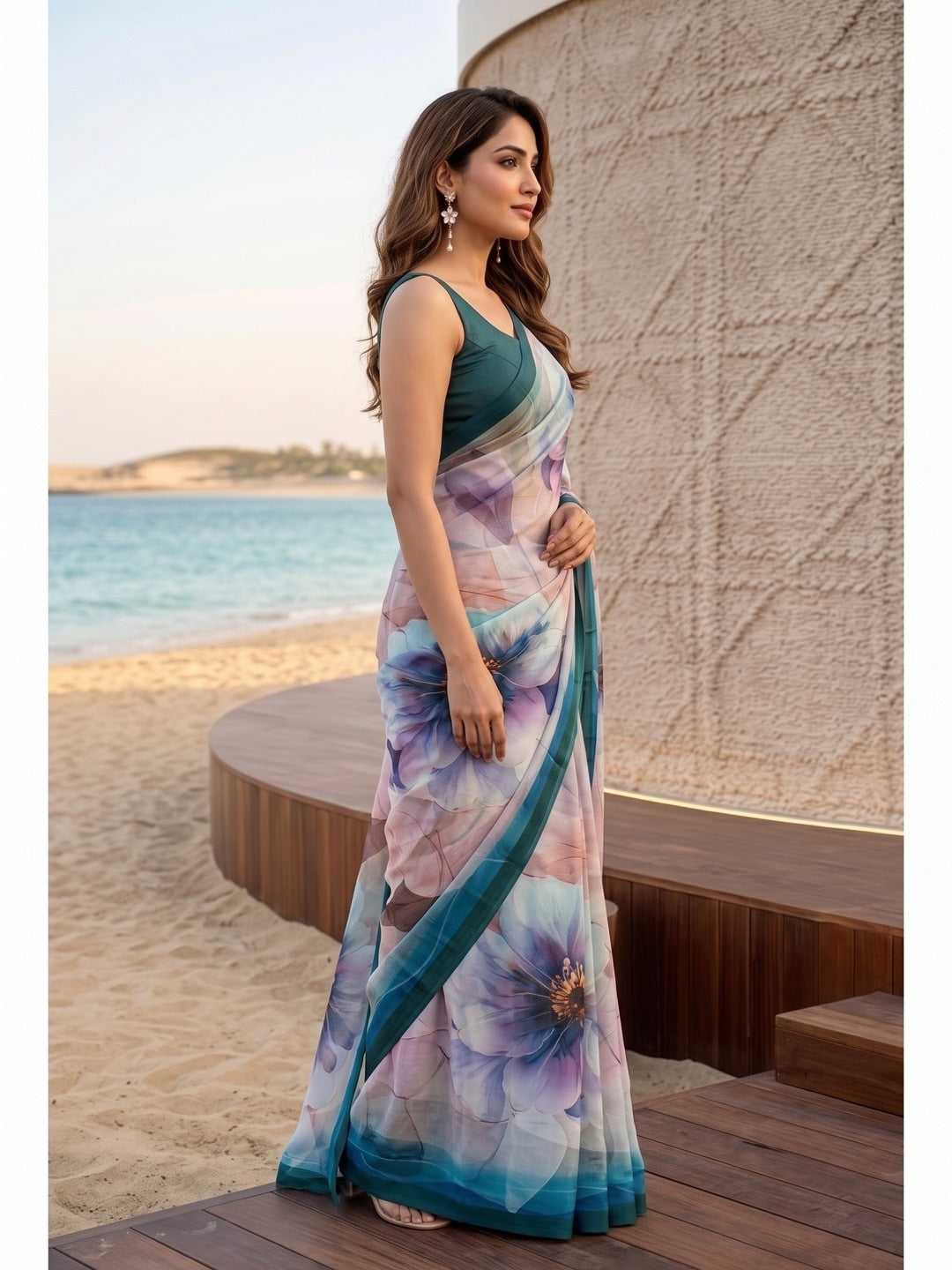 Peachmode Teal Floral Crepe Silk Saree - Image 4