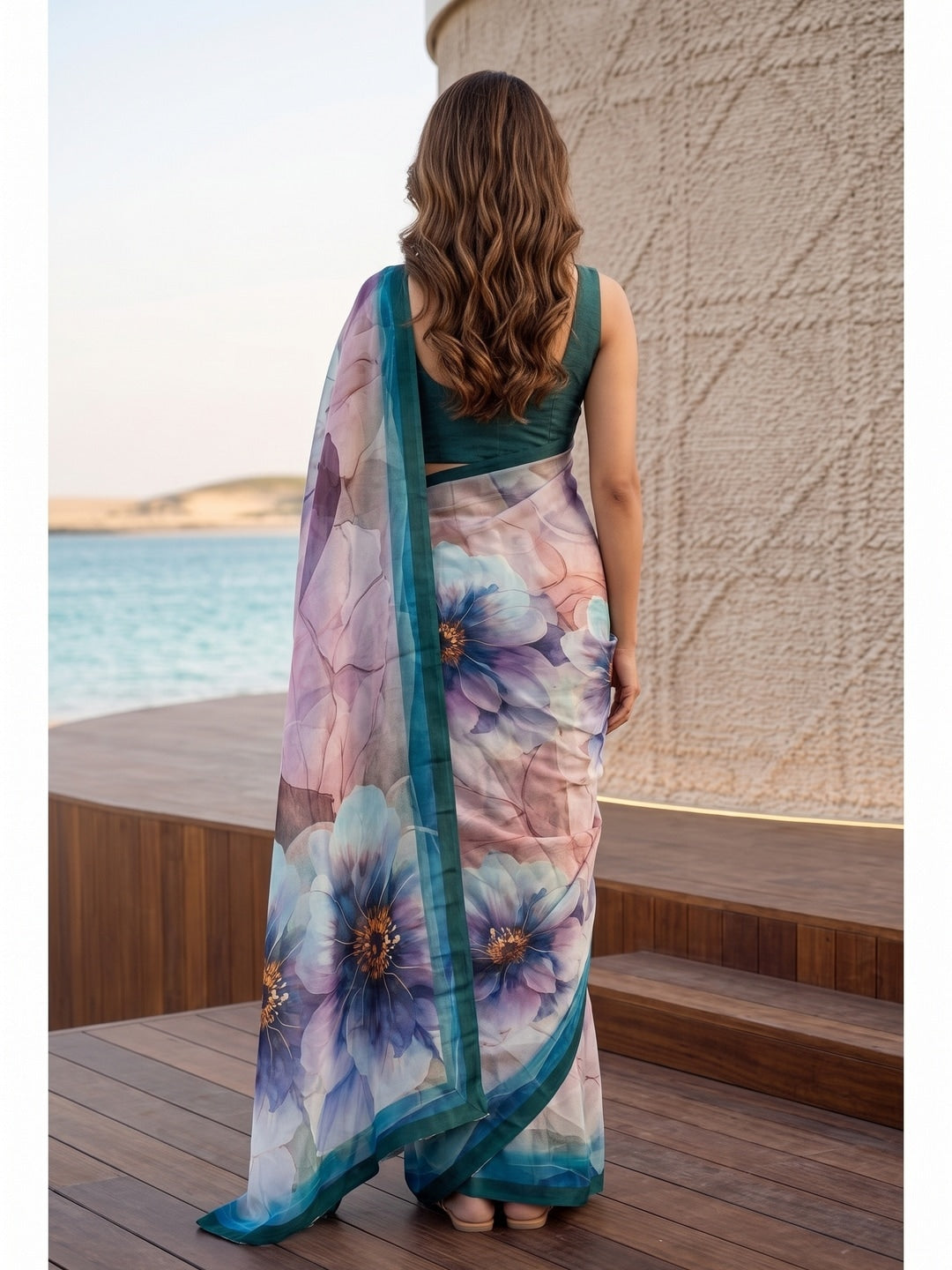 Peachmode Teal Floral Crepe Silk Saree - Image 5
