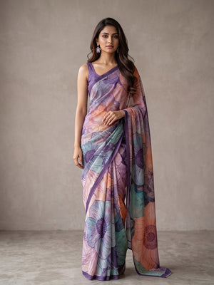 Peachmode Lavender Floral Crepe Silk Saree - Image 2
