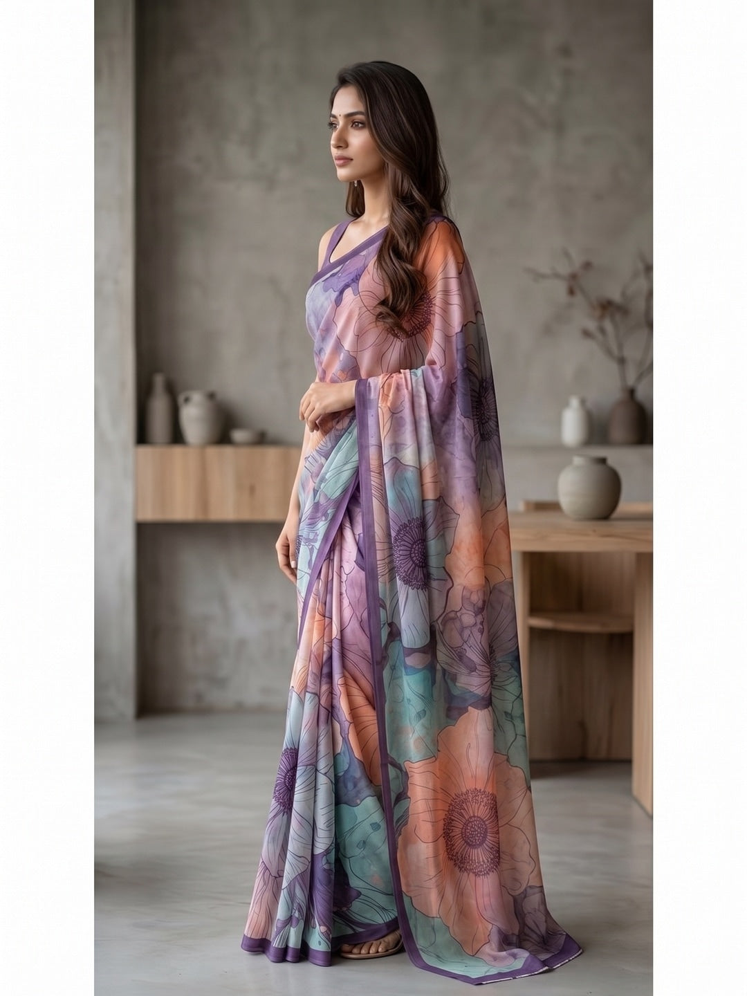 Peachmode Lavender Floral Crepe Silk Saree - Image 3