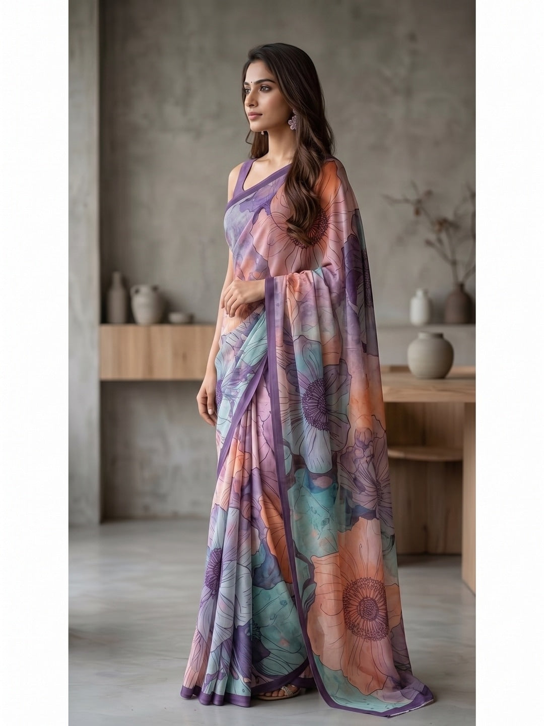 Peachmode Lavender Floral Crepe Silk Saree - Image 4