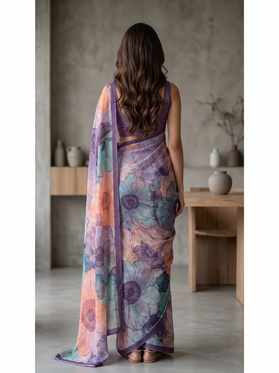 Peachmode Lavender Floral Crepe Silk Saree - Image 5