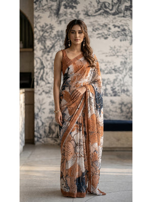 Peachmode Orange Line Art Crepe Silk Saree - Image 1