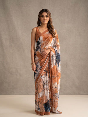Peachmode Orange Line Art Crepe Silk Saree - Image 2