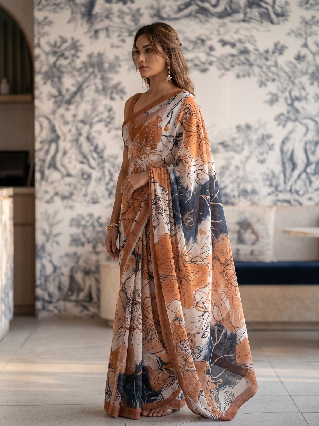 Peachmode Orange Line Art Crepe Silk Saree - Image 3