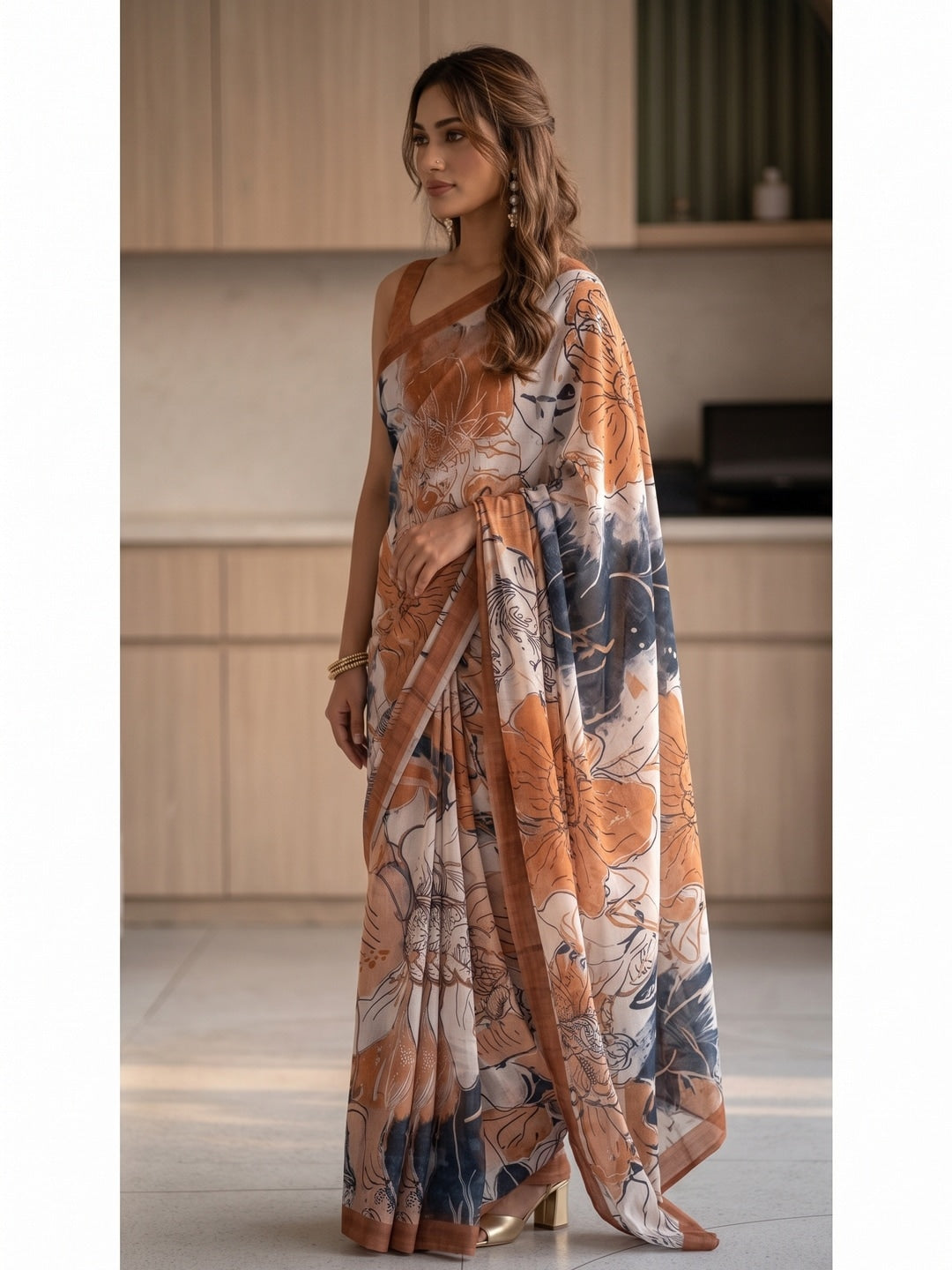 Peachmode Orange Line Art Crepe Silk Saree - Image 4