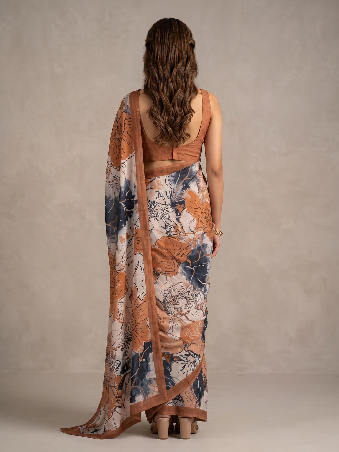 Peachmode Orange Line Art Crepe Silk Saree - Image 5