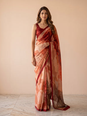 Peachmode Red Abstract Crepe Silk Saree - Image 2