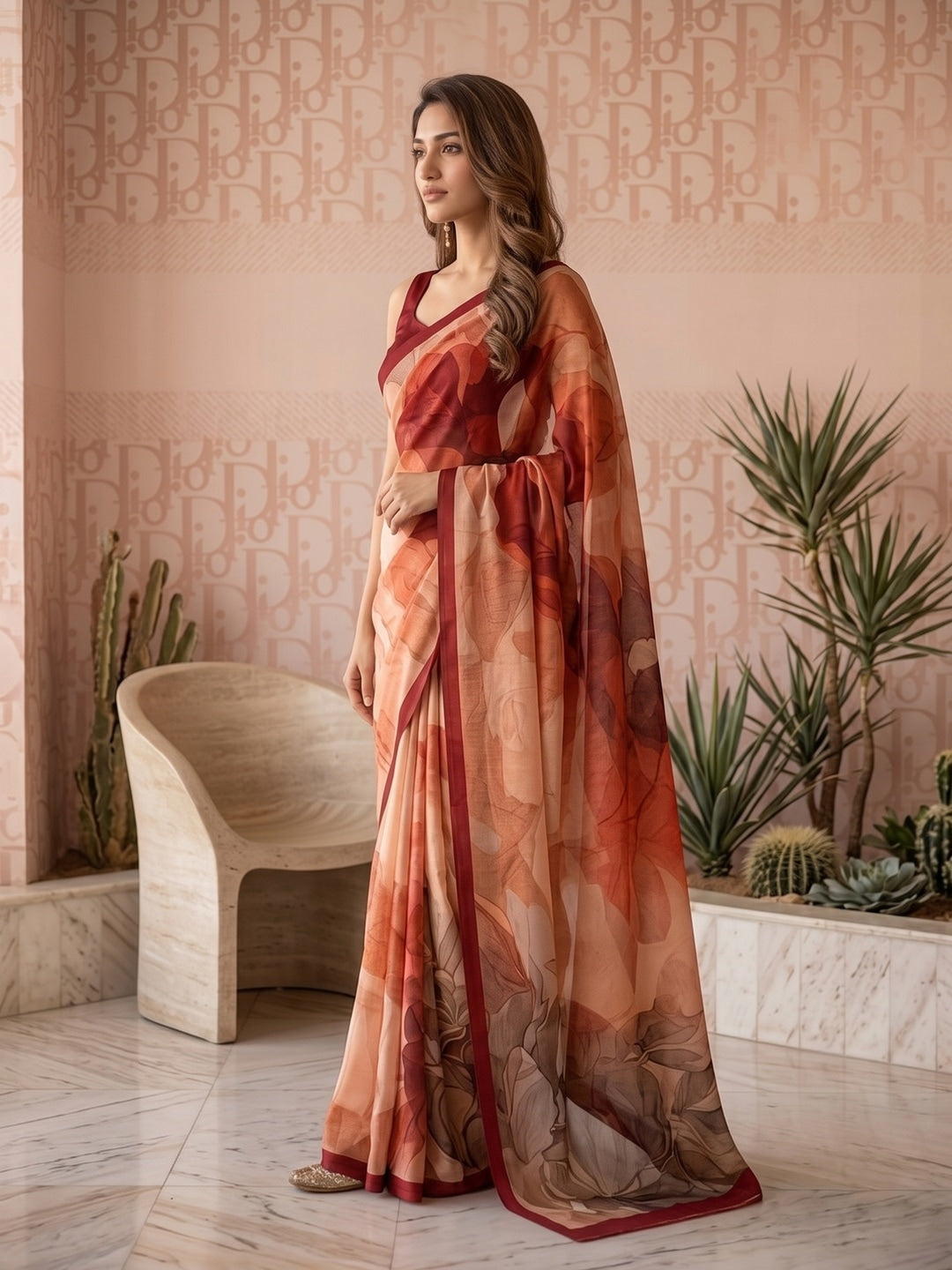 Peachmode Red Abstract Crepe Silk Saree - Image 3