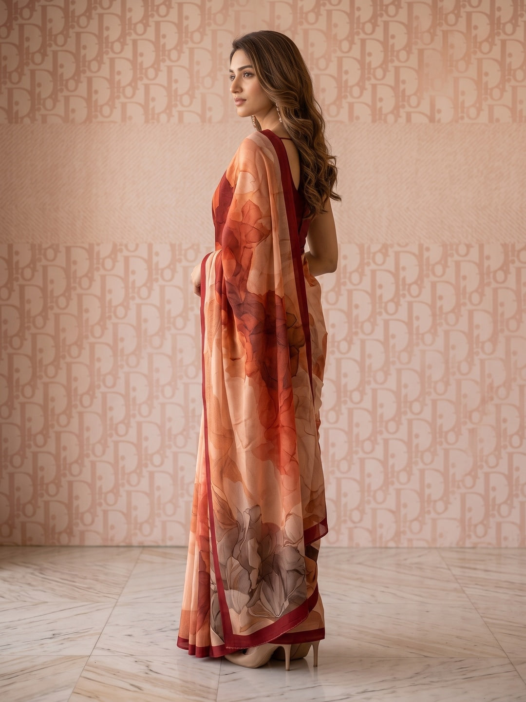 Peachmode Red Abstract Crepe Silk Saree - Image 4
