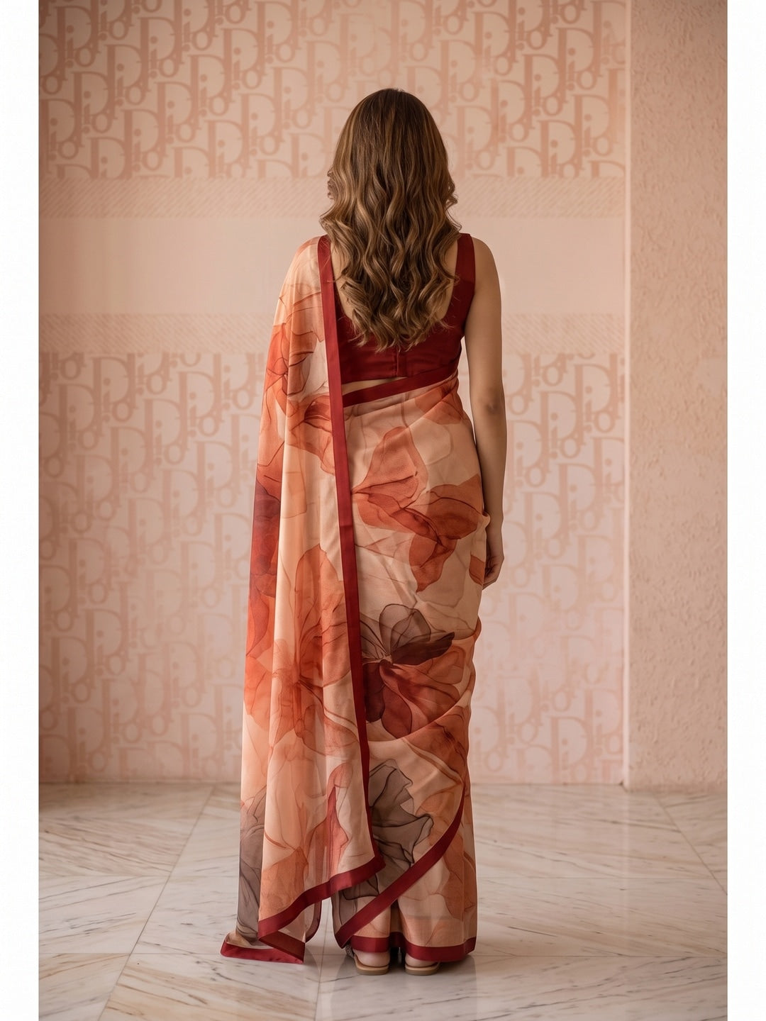 Peachmode Red Abstract Crepe Silk Saree - Image 5