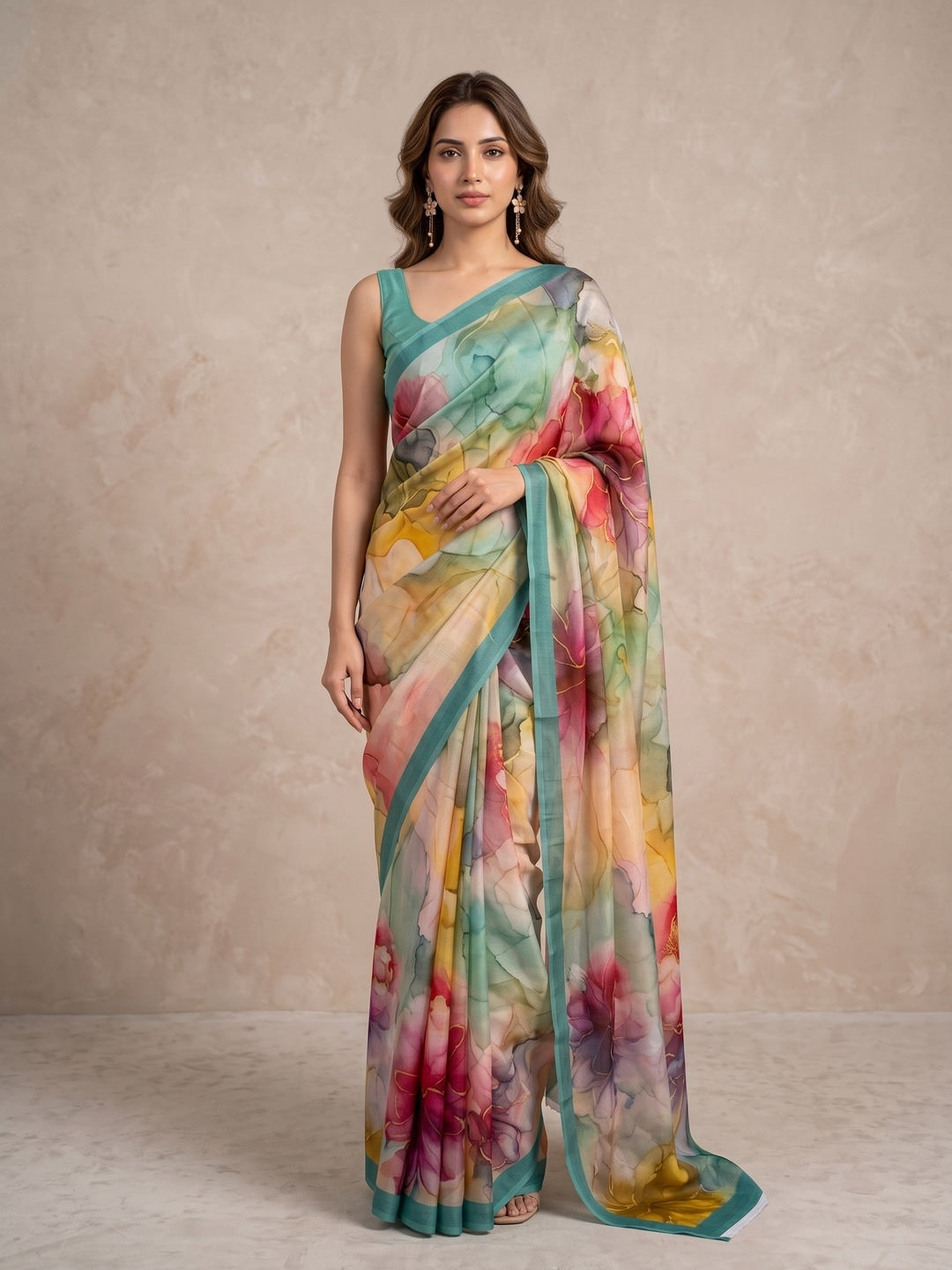 Peachmode Aqua Multicolor Floral Crepe Silk Saree - Image 2