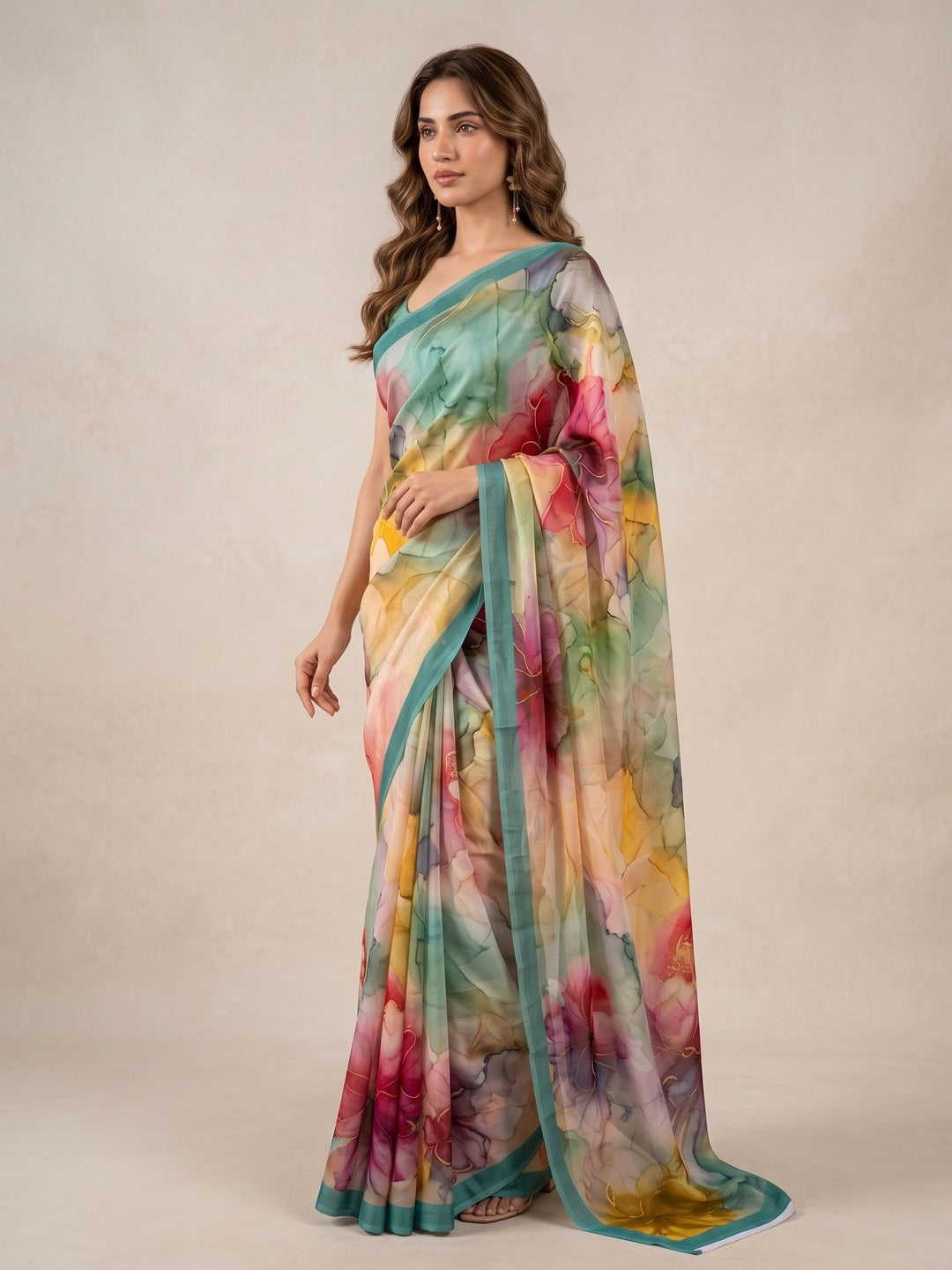 Peachmode Aqua Multicolor Floral Crepe Silk Saree - Image 3