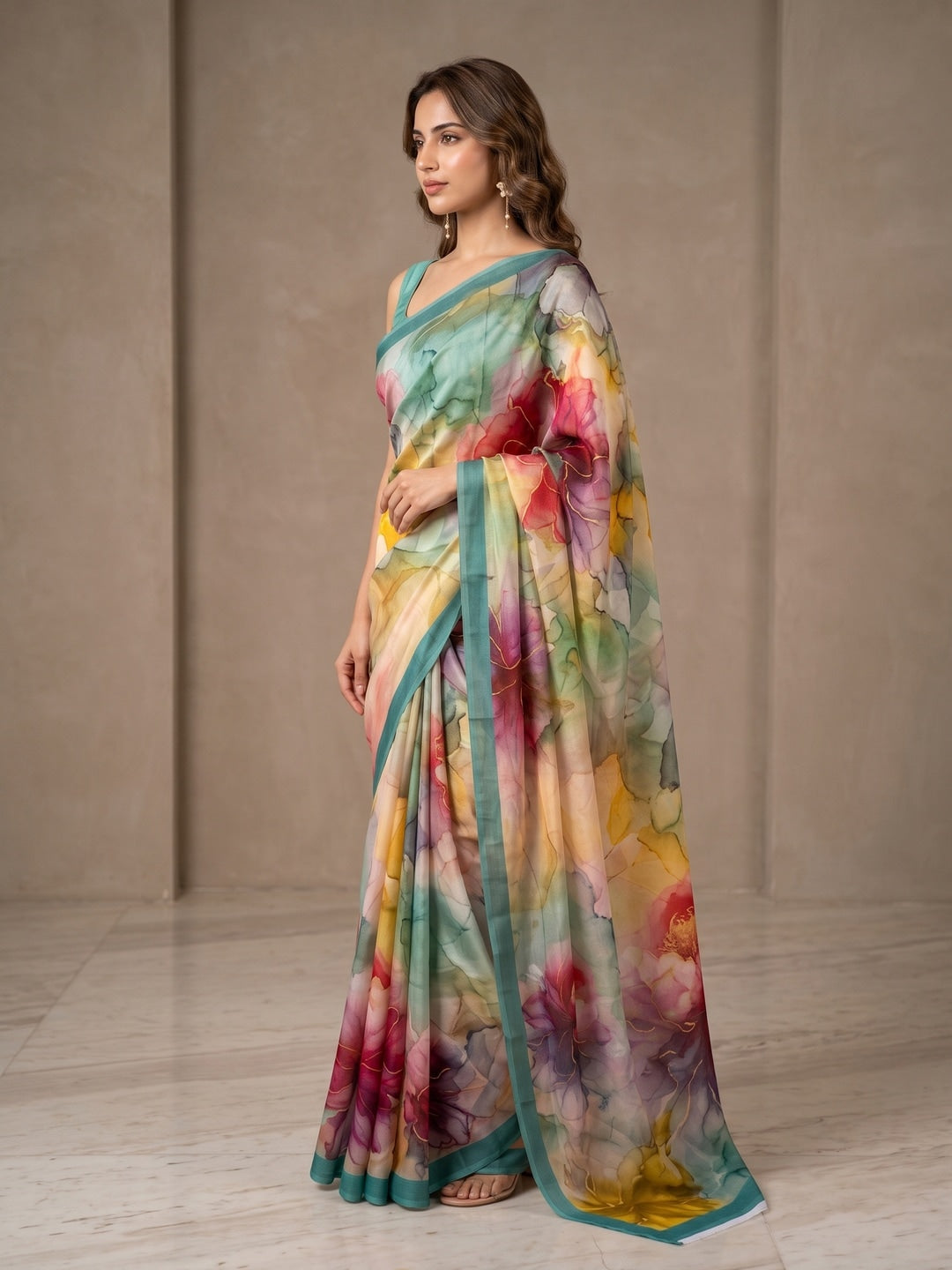 Peachmode Aqua Multicolor Floral Crepe Silk Saree - Image 4