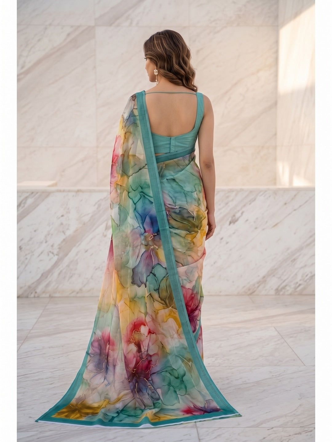Peachmode Aqua Multicolor Floral Crepe Silk Saree - Image 5