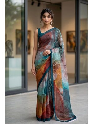 Peachmode Teal Multicolor Abstract Crepe Silk Saree - Image 1