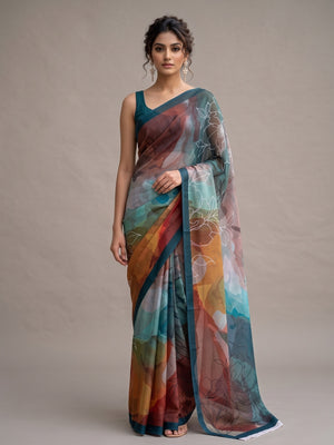 Peachmode Teal Multicolor Abstract Crepe Silk Saree - Image 2