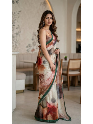 Peachmode Beige Watercolor Crepe Silk Saree - Image 1