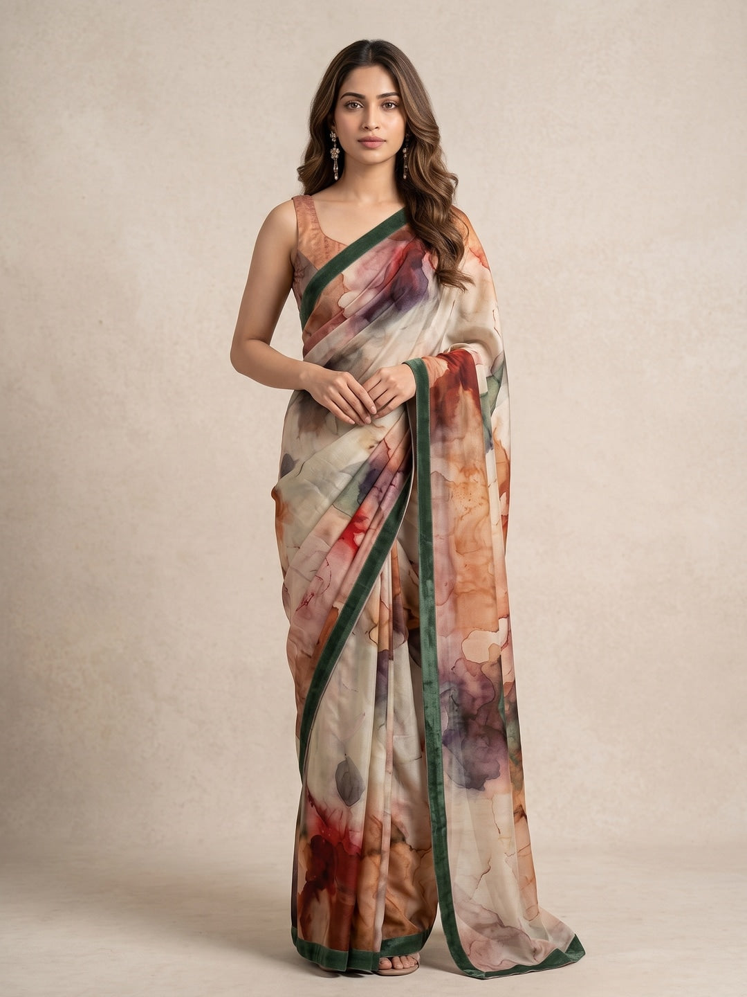 Peachmode Beige Watercolor Crepe Silk Saree - Image 2