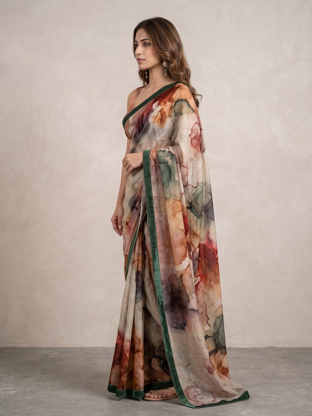 Peachmode Beige Watercolor Crepe Silk Saree - Image 3