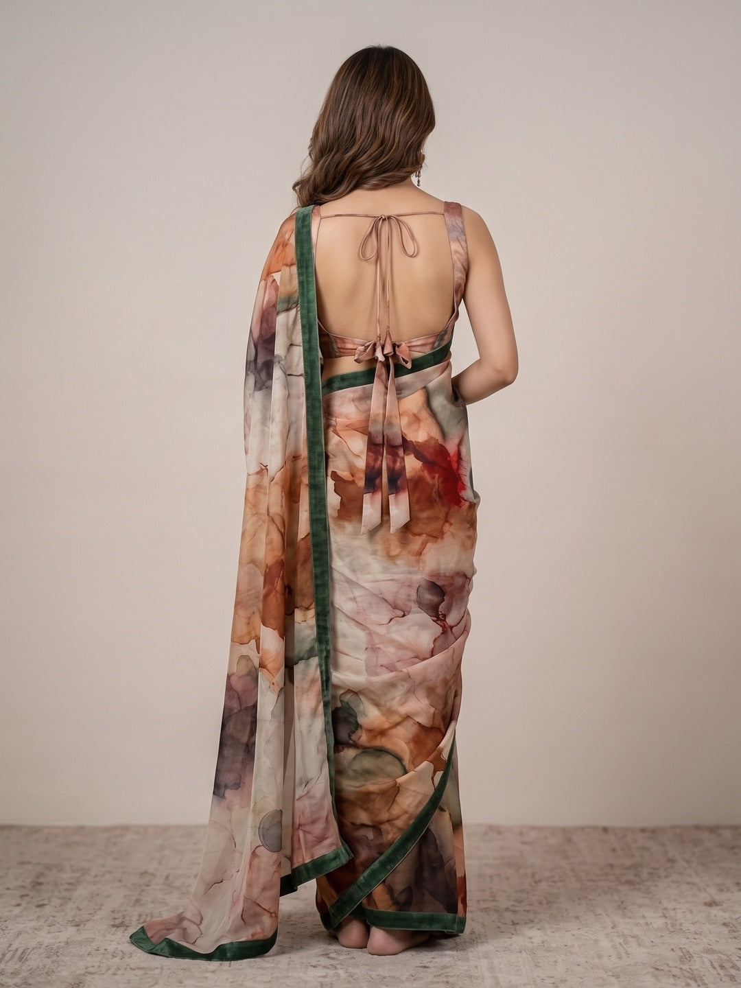 Peachmode Beige Watercolor Crepe Silk Saree - Image 5