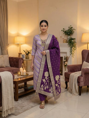 Traditional Lavender Floral Weaving With Sequins Cording Embroidered Modal Jacquard Dress Material - Image 1