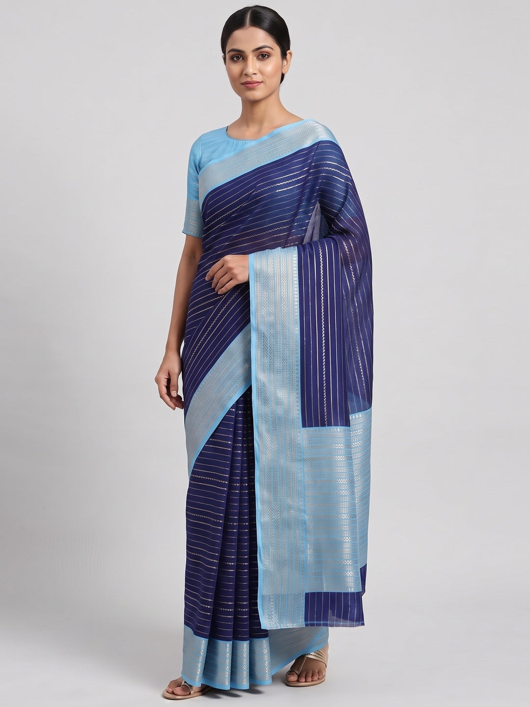 Classic Blue Marshmallow Jacquard Saree Adorned With Refined Striped Zari Weaving Patterns - Image 1