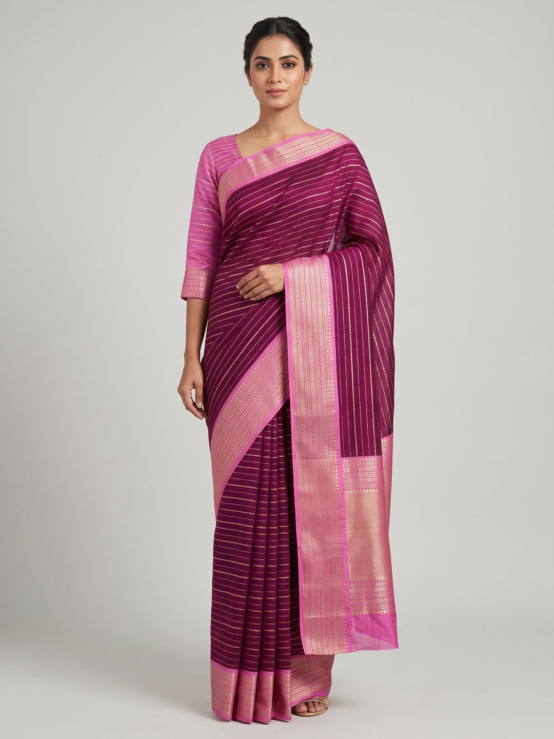 Classic Wine Marshmallow Jacquard Saree Adorned With Refined Striped Zari Weaving Patterns - Image 2