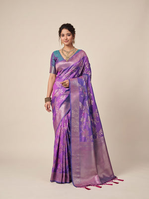 Peachmode Purple Silk Blend Saree - Image 1