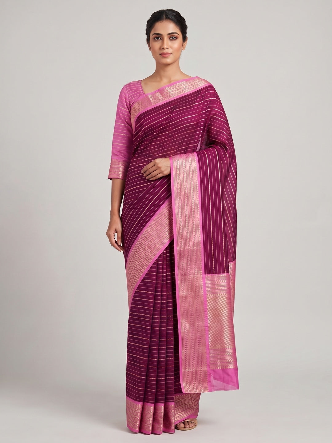 Classic Wine Marshmallow Jacquard Saree Adorned With Refined Striped Zari Weaving Patterns - Image 1